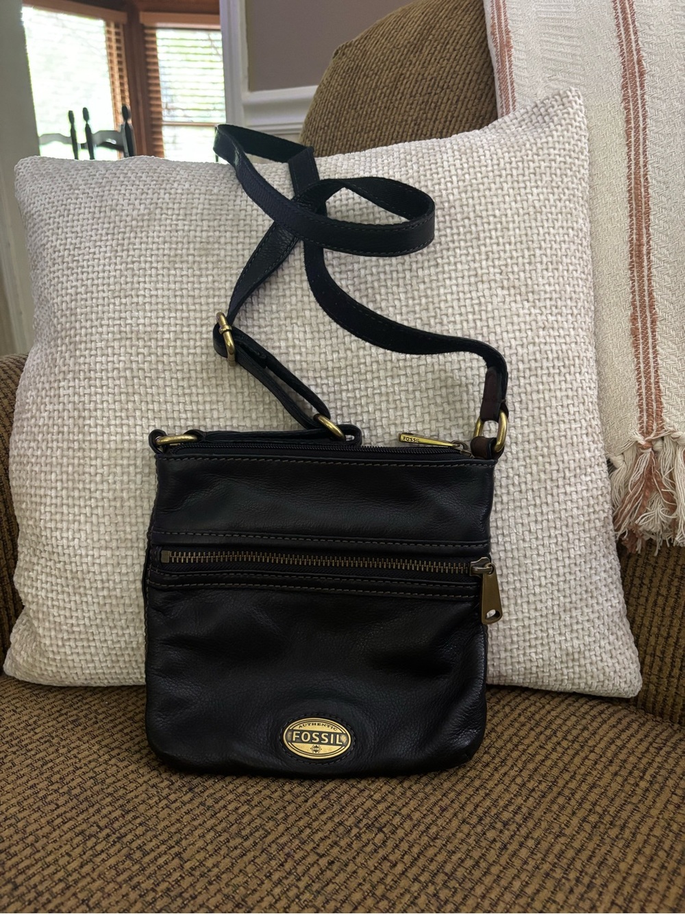 Fossil Black Leather Convertible Crossbody Bag with Gold Hardware